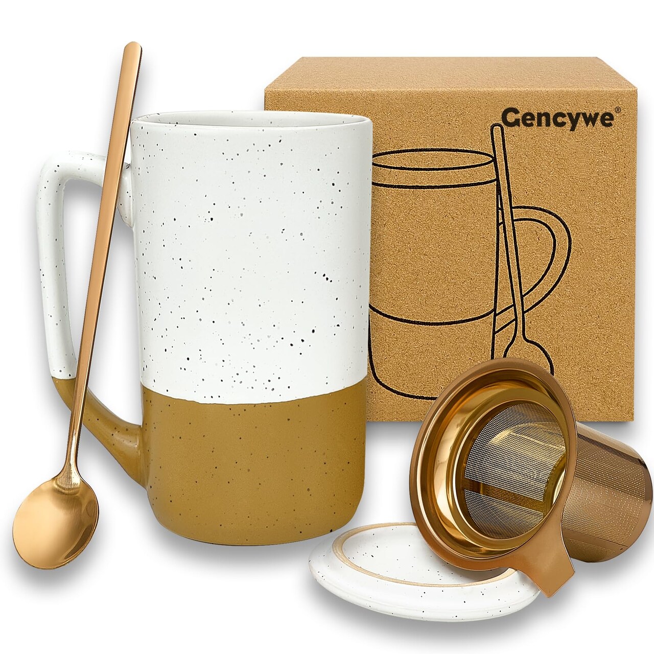 Ceramics Large Tea Cup with Loose Leaf Infuser, Spoon and Lid, 16 oz Tall Coffee Mug, Microwave and Dishwasher Safe, Rustic Matte Ceramic Glaze, Tea Strainer, Amber